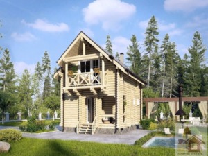 Двоповерхова баня з бруса під ключ ціна: готовий проект «Тінь Ялиці» з балконом та терасою серед лісу.