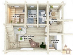 Проект бані Тінь Ялиці: 3D-візуалізація інтер'єру зрубу з терасою.