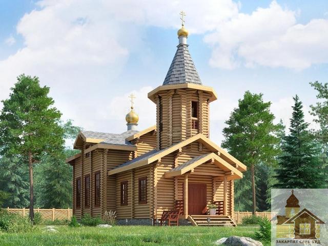 Чарівний храм у карпатському стилі, оточений природою, з характерними архітектурними елементами.