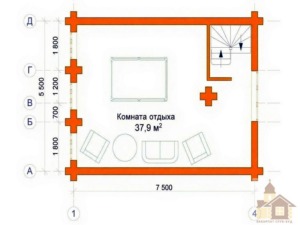 Проект бані з випуском під терасу та план мансардного поверху.