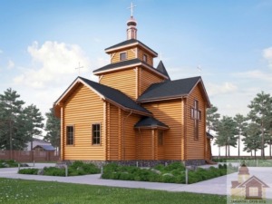 Проєкт трьозрубної церкви зі смереки площею 205 м²