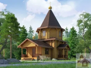 Дерев'яна церква зі зрубу та смерека