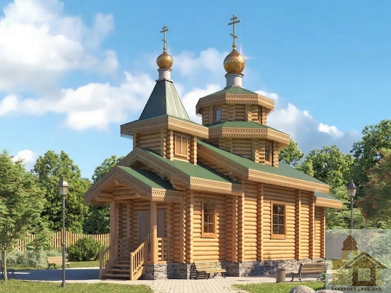 Стіни церкви з оциліндрованої колоди карпатської смереки з чіткими вінцями