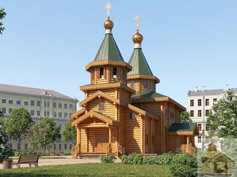 Проєкт дерев’яної церкви 248 м² хрестоподібного планування з двома дзвіницями