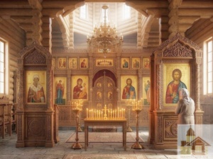 Дерев’яний храм із багатоскатною зеленою покрівлею з металочерепиці