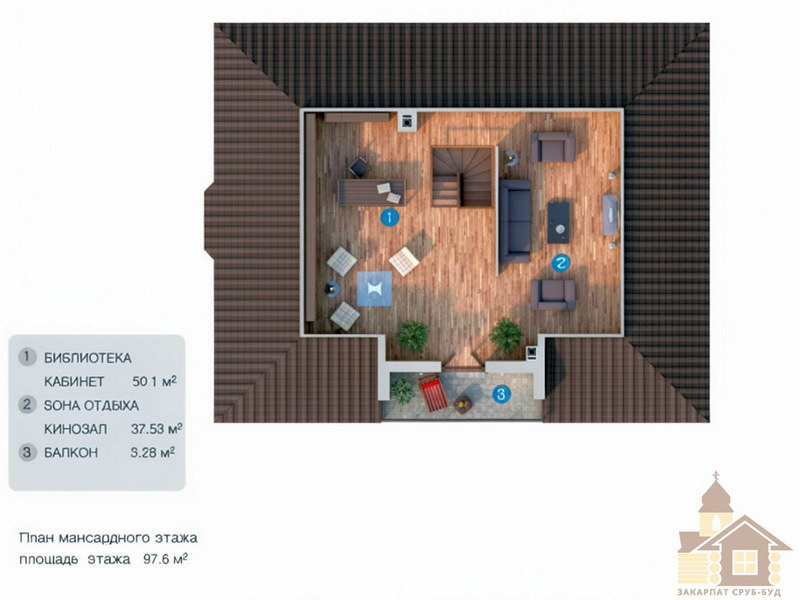 Дерев'яний будинок 242 м² з мансардою, терасою та балконом