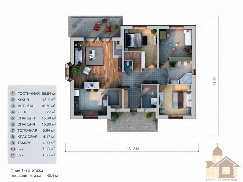Купити зруб 242 м² — дерев'яний будинок ЗСБ «Гірський Вершник»