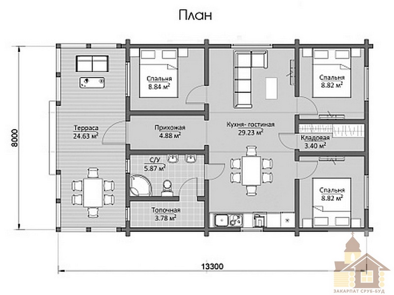 План одноповерхового будинку 98 м² з трьома спальнями та кухнею-вітальнею
